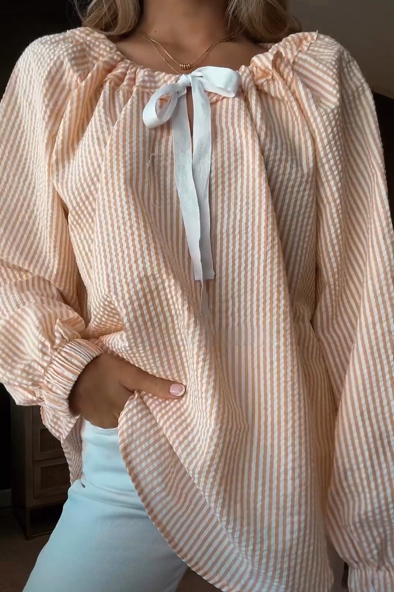 Damen Bluse mit elastischem Ausschnitt und Schleifenbindung Stalluxe