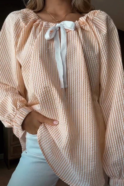 Damen Bluse mit elastischem Ausschnitt und Schleifenbindung Stalluxe