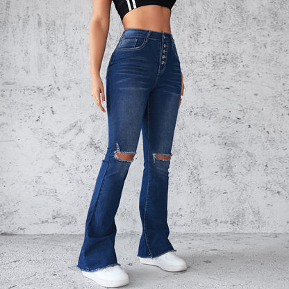 Damen Schlagjeans mit distressed Details und hohem Bund Stalluxe