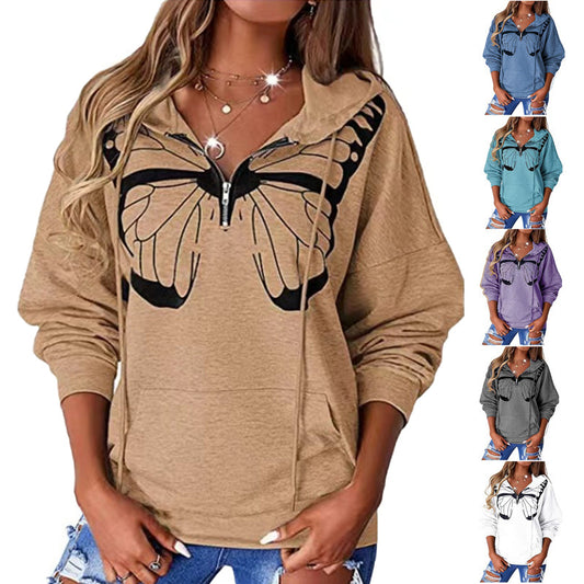 Damen lässiger Kapuzenpullover mit Schmetterlingsdruck und Halber Reißverschluss Stalluxe