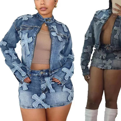 Damen Jeansjacke mit kreativen Applikationen und oversized Schnitt Stalluxe