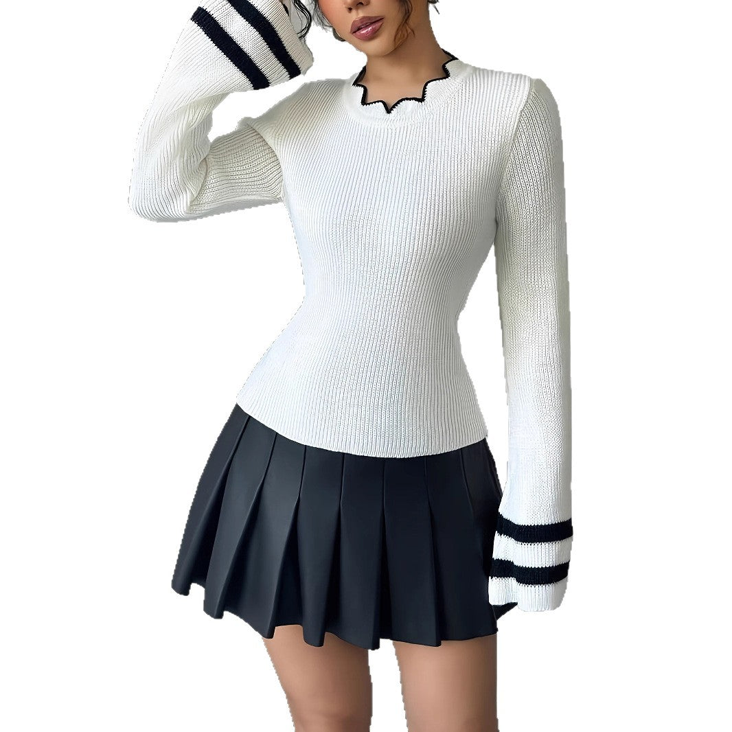 Damen modischer Strickpullover mit Wellenkragen und weitem Ärmel Stalluxe