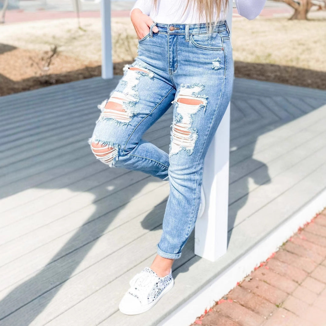 Damen Vintage Destroyed Jeans im entspannten Schnitt mit hohem Bund Stalluxe