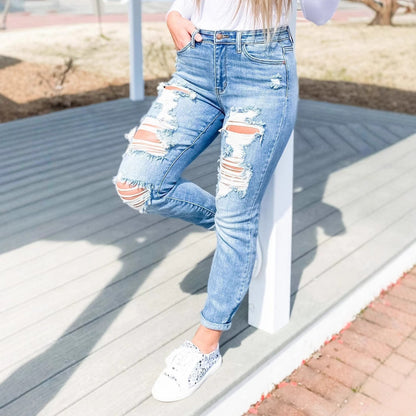 Damen Vintage Destroyed Jeans im entspannten Schnitt mit hohem Bund Stalluxe