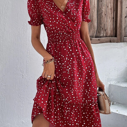 Damen Midi-Kleid mit Puffärmeln und V-Ausschnitt Stalluxe