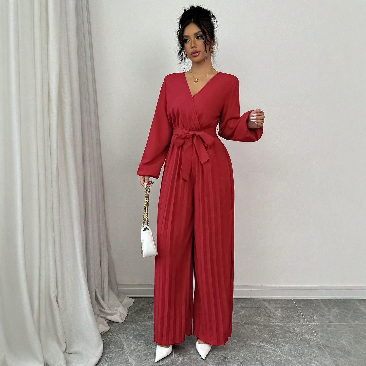 Damen Jumpsuit mit Plissees und Taillengürtel Stalluxe