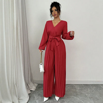 Damen Jumpsuit mit Plissees und Taillengürtel Stalluxe