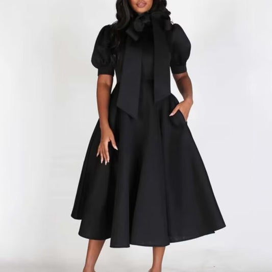 Damen Elegantes A-Linien Kleid mit Schleifenkragen und Volantärmeln Stalluxe