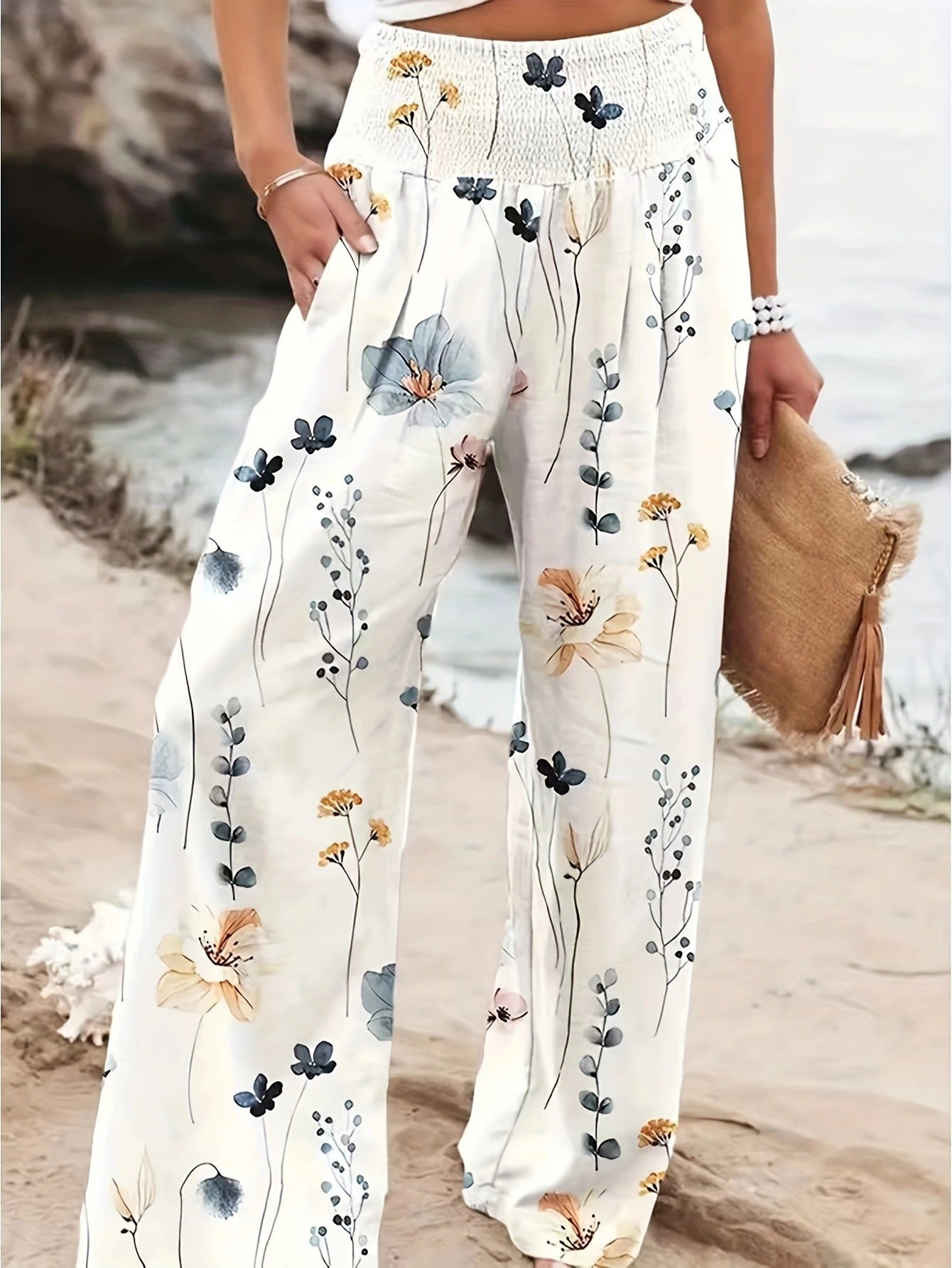Damen Weit geschnittene Sommerhose mit floralem Print und elastischem Bund Stalluxe