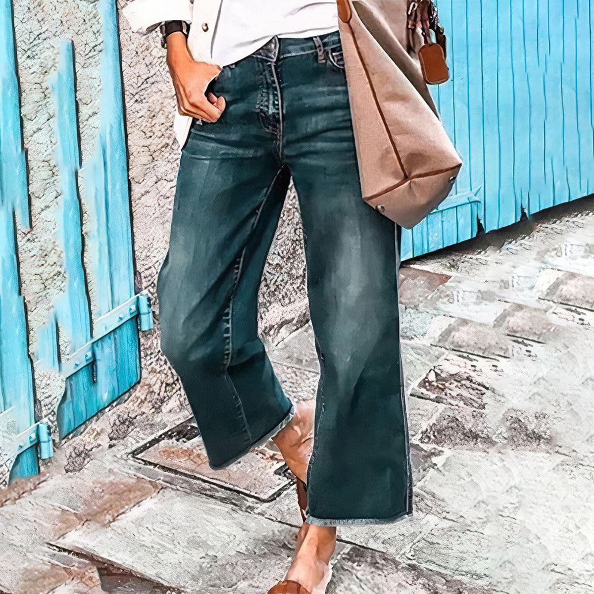 Damen Weit geschnittene Jeans mit fransigem Saum und hohem Bund Stalluxe