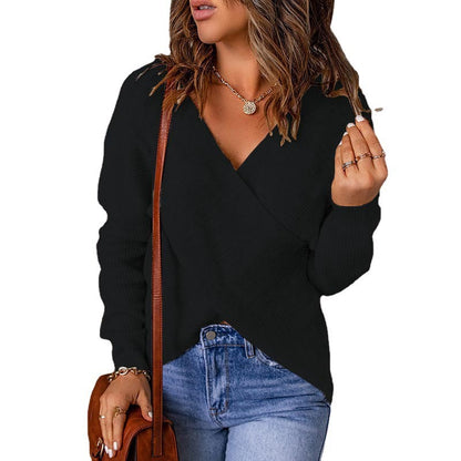 Damen lässiger Wickel-Pullover mit tiefem V-Ausschnitt und strukturiertem Gewebe Stalluxe