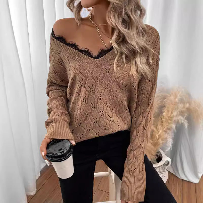 Damen Strickpullover mit elegantem V-Ausschnitt und feiner Lochstruktur Stalluxe