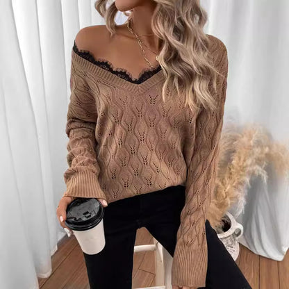 Damen Strickpullover mit elegantem V-Ausschnitt und feiner Lochstruktur Stalluxe