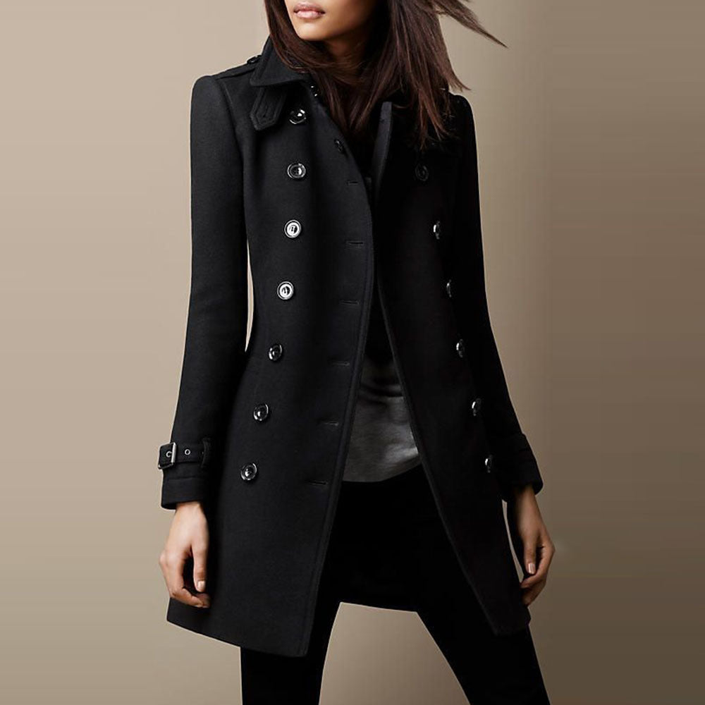 Damen eleganter Wollmantel mit doppelter Knopfleiste und klassischem Revers Stalluxe