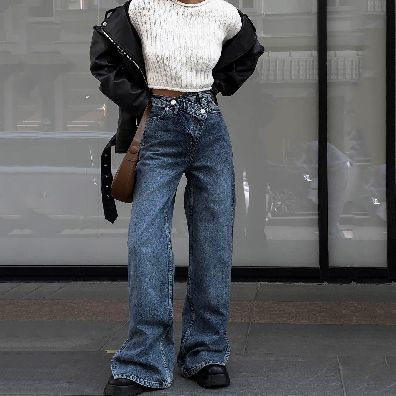 Damen High-Waist Jeans mit weitem Schnitt und seitlichen Schlitzen Stalluxe