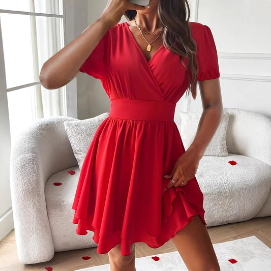 Damen Wickelkleid mit voluminösem Rock und Puffärmeln Stalluxe