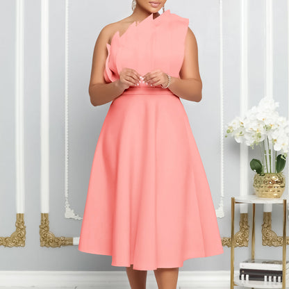 Damen Charmantes Ein-Schulter-Kleid mit Faltenwurf und tailliertem Gürtel Stalluxe