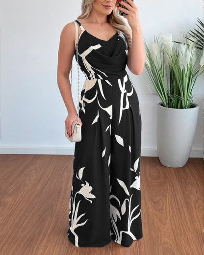 Damen Jumpsuit mit elegantem Wickeloberteil und farbenfrohem Blattdesign Stalluxe