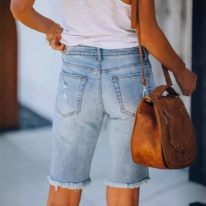 Damen lässige Denim-Shorts mit fransigem Saum und auffälligem Used-Look Stalluxe