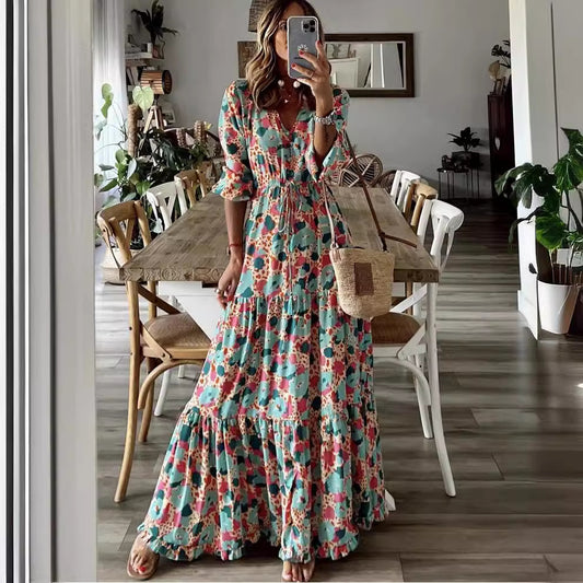 Damen Maxikleid mit gebundenem V-Ausschnitt und voluminösen Ärmeln Stalluxe