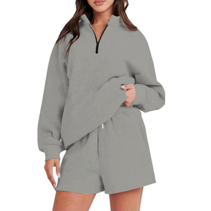 Damen bequemen Freizeit-Sweatanzug mit halbem Reißverschluss und Shorts Stalluxe