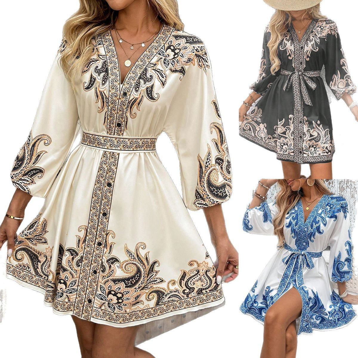 Damen Kleid mit verspieltem Paisleymuster und eleganter Knopfleiste Stalluxe