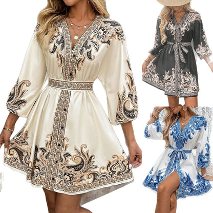 Damen Kleid mit verspieltem Paisleymuster und eleganter Knopfleiste Stalluxe