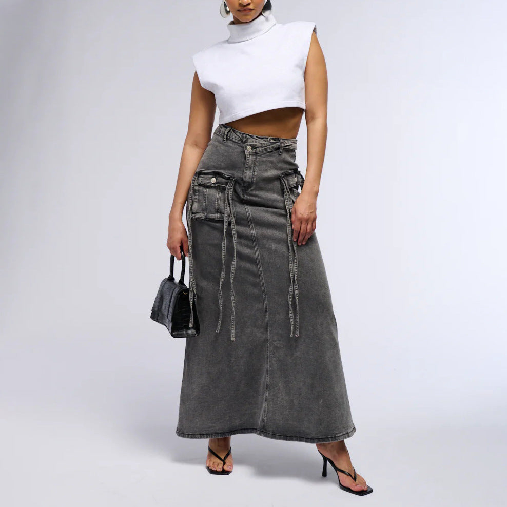 Damen Langer Denim-Rock mit hochgezoggtem Bund und praktischen Taschen Stalluxe