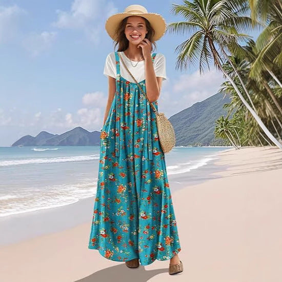 Damen Langer Baumwollkleid mit Trägern und Taschen Stalluxe