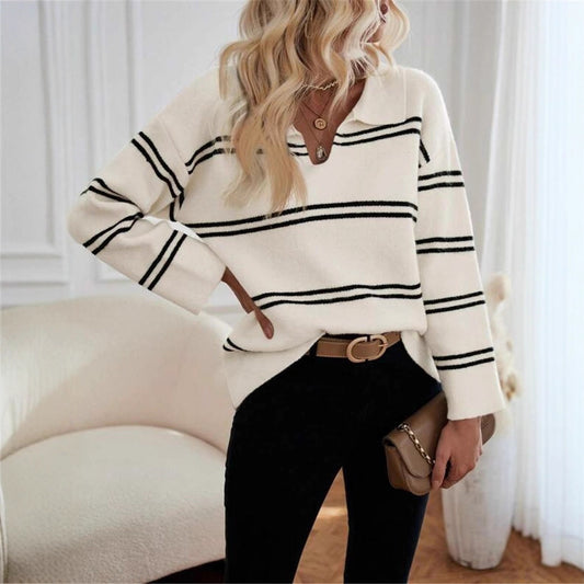Damen lässiger Pullover mit Polo-Kragen und gestreiftem Design Stalluxe