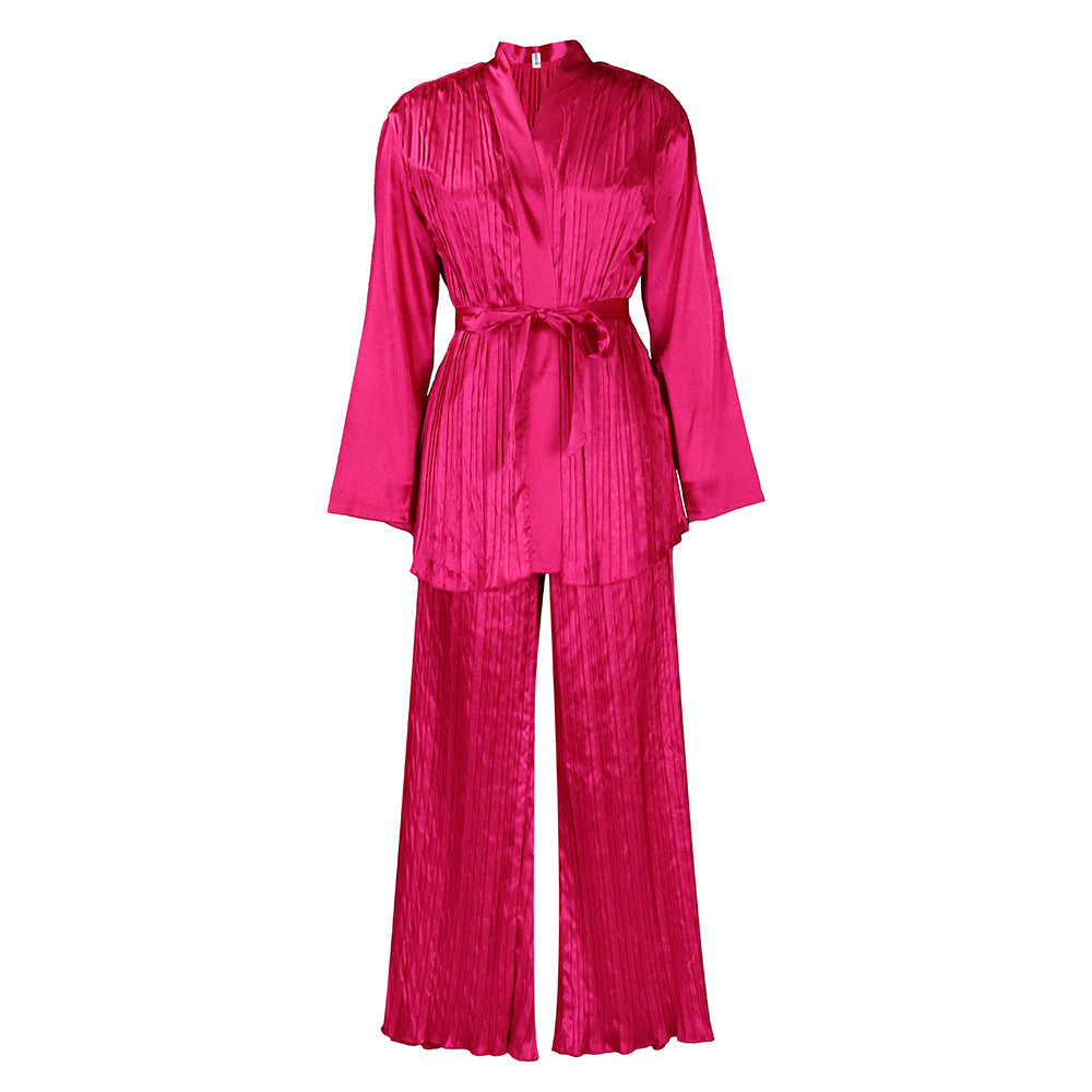 Damen Satin-Pyjama-Set mit eleganten Plissee-Details Stalluxe Magenta