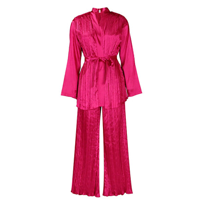 Damen Satin-Pyjama-Set mit eleganten Plissee-Details Stalluxe Magenta