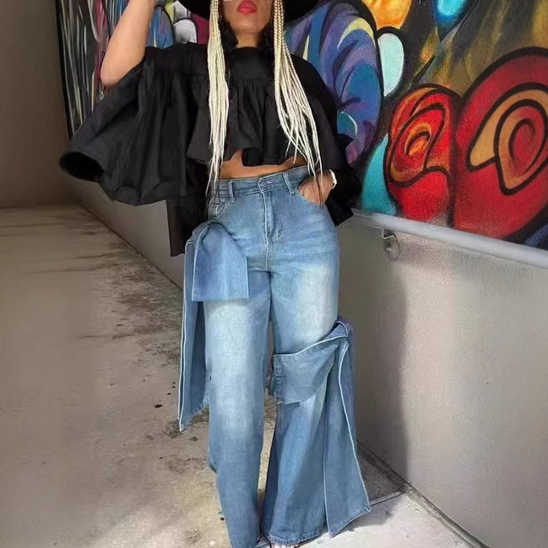 Damen Weite Denim-Hose mit stylischem Bindegürtel Stalluxe