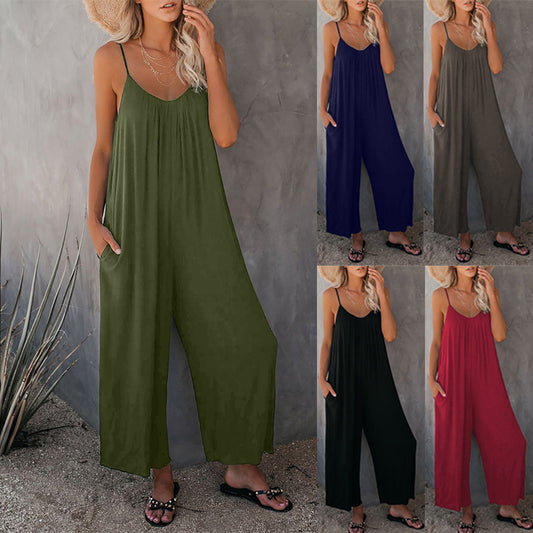 Damen Lässiger Sommer-Jumpsuit mit tiefem Ausschnitt und praktischen Taschen Stalluxe