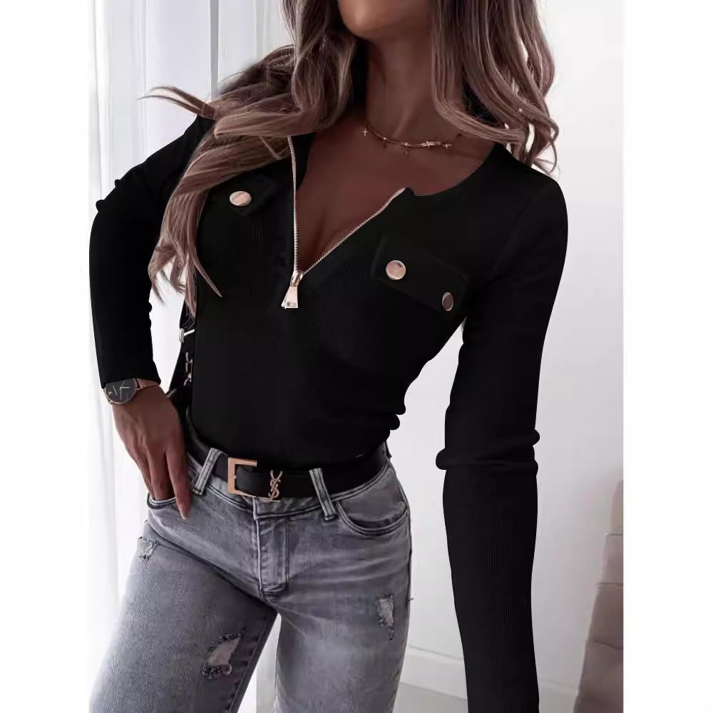 Damen Langarmshirt mit tiefem V-Ausschnitt und Reißverschluss Stalluxe