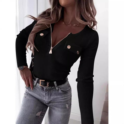 Damen Langarmshirt mit tiefem V-Ausschnitt und Reißverschluss Stalluxe