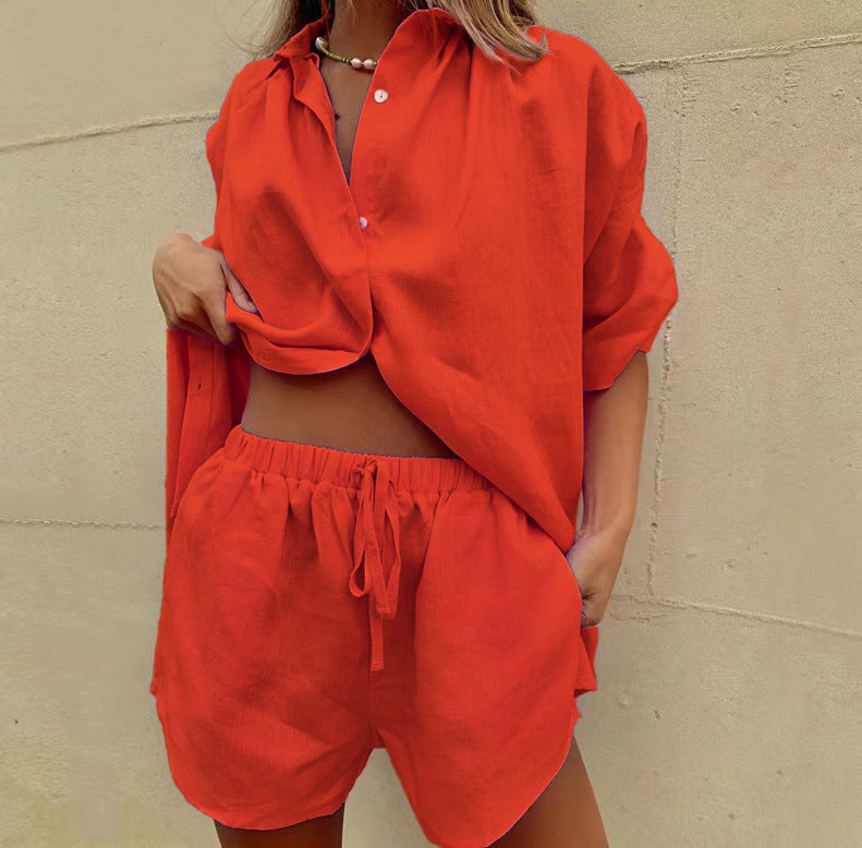 Damen lässiges Leinen-Set mit oversized Hemd und kurzen Hosen Stalluxe