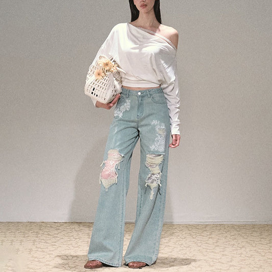Damen Weit geschnittene Jeans mit individuellen Destroyed-Details und floralem Print Stalluxe