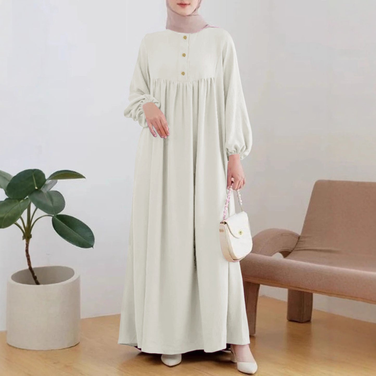 Damen luftiges Maxikleid mit bequemer Knopfleiste und eleganten Puffärmeln Stalluxe