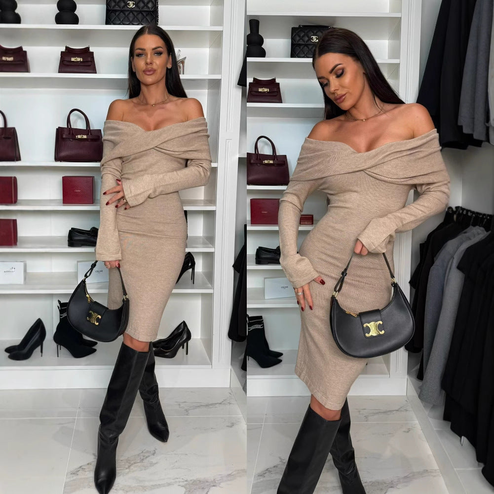 Damen Figurbetontes Cocktailkleid mit Off-Shoulder-Ausschnitt Stalluxe Khaki