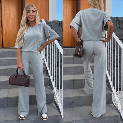 Damen elegantes, rippstrukturiertes Lounge-Set mit weitem Schnitt und kurzen Ärmeln Stalluxe