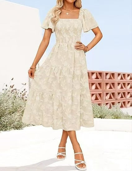 Damen Midi-Kleid mit strukturiertem Oberteil und voluminösen Ärmeln Stalluxe