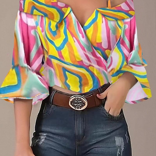 Damen Off-Shoulder Bluse mit buntem Streifenmuster und weiten Ärmeln Stalluxe