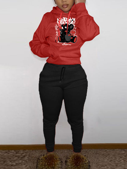 Damen Sportliches Kapuzensweatshirt und Jogginghose Set mit niedlichem Muster Stalluxe