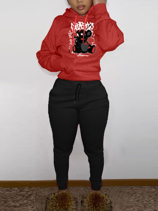 Damen Sportliches Kapuzensweatshirt und Jogginghose Set mit niedlichem Muster Stalluxe