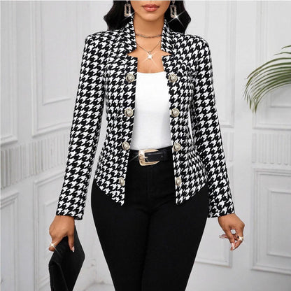 Damen Elegante Blazerjacke im Hahnentritt-Muster mit glänzenden Knöpfen Stalluxe