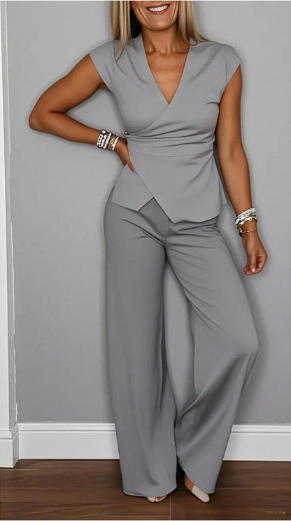Damen elegantes Wickeloberteil mit weit geschnittenen Hosen Stalluxe