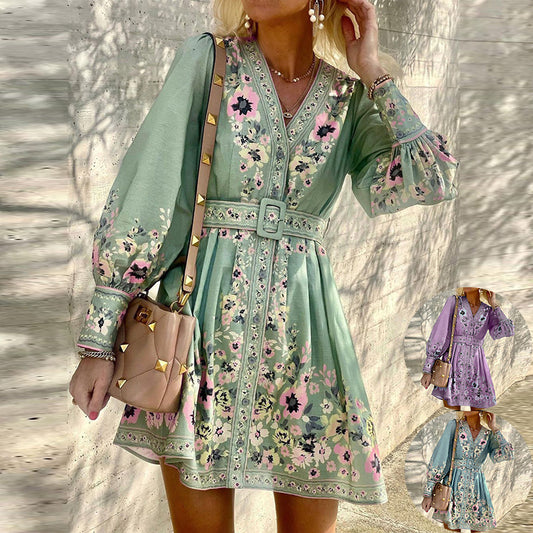 Damen elegantes Blumenkleid mit Taillengürtel und Puffärmeln Stalluxe