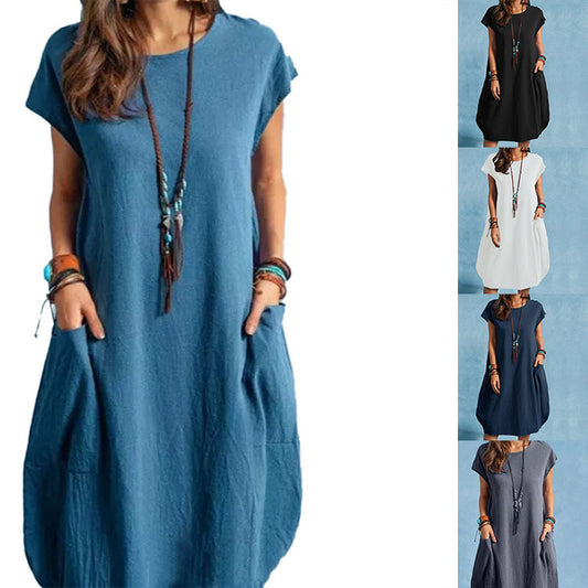 Damen lässiges Sommerkleid mit praktischen Seitentaschen und Rundhalsausschnitt Stalluxe