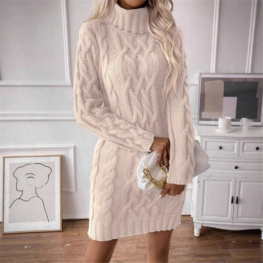 Damen Strickkleid mit hochgeschlossenem Kragen und Zopfmuster Stalluxe